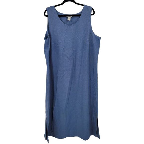 Vintage Avenue Silk Linen Sleeveless Shift Maxi Dress 18/20 Blue Textured Slits - Picture 1 of 14